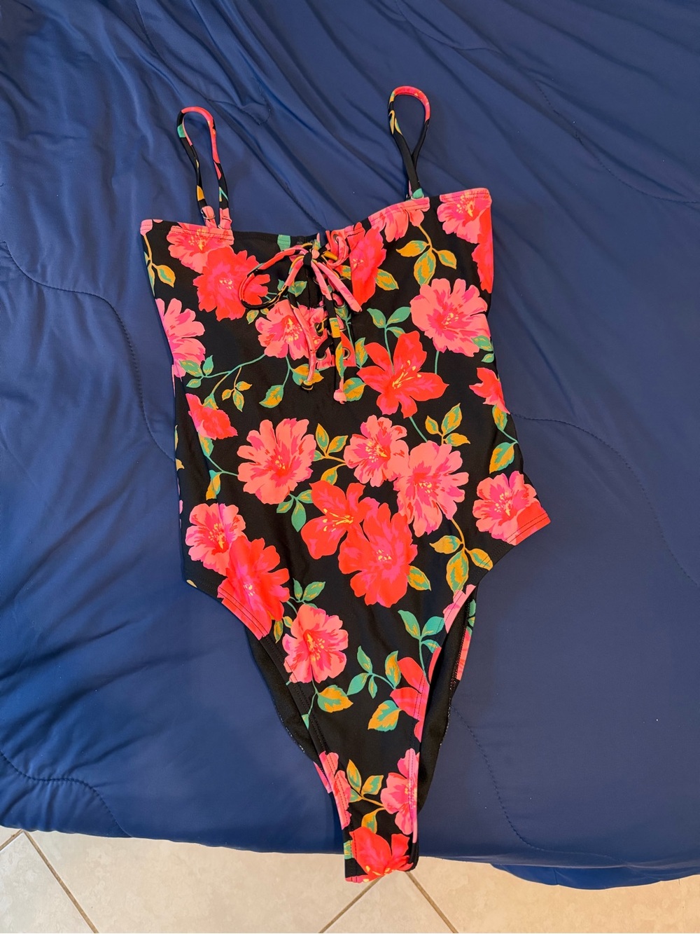 Black Floral One-Piece Swimsuit with Pink Flowers